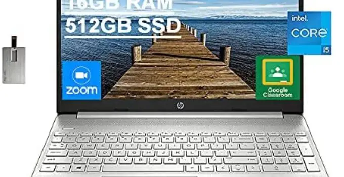 2022 HP 15.6″ FHD Laptop Computer, 11th Gen Intel Core i5-1135G7(Beats Intel i7-1065G7), 16GB RAM, 512GB PCIe SSD, Intel Iris X Graphics, HD Webcam, HDMI, Bluetooth, Win 10, Silver, 32GB USB Card