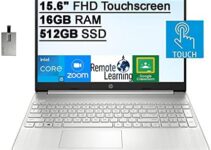 2022 HP 15.6″ FHD Touchscreen Laptop Computer, Intel Core i5-1135G7 Processor, 16GB DDR4 RAM, 512GB SSD, Intel Iris Xe Graphics, HD Webcam, HD Audio, USB-C, Windows 11, Silver, 32GB SnowBell USB Card