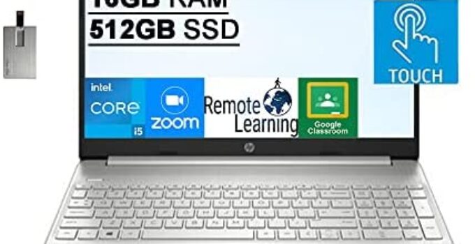 2022 HP 15.6″ FHD Touchscreen Laptop Computer, Intel Core i5-1135G7 Processor, 16GB DDR4 RAM, 512GB SSD, Intel Iris Xe Graphics, HD Webcam, HD Audio, USB-C, Windows 11, Silver, 32GB SnowBell USB Card