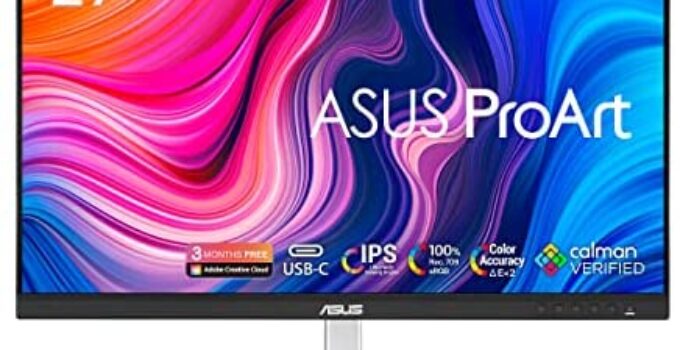 ASUS ProArt Display 27″ Monitor PA278CV – WQHD (2560 x 1440), IPS, 100% sRGB, 100% Rec. 709, ΔE < 2, Calman Verified, USB Hub, USB-C, DisplayPort Daisy-chaining, HDMI, Eye Care, Height Adjustable