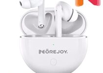 Active Noise Cancelling Wireless Earbuds, MoreJoy M1 Bluetooth Earbuds with 2 ENC Microphones, Bass Sound Earphones, Waterproof Low-Latency Bluetooth Headphones Compatible with Apple & Android-White