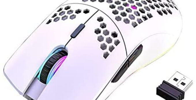 Aquav Rechargeable 2.4 GHz Wireless Honeycomb Hollow Gaming Mouse, Lightweight up to 3200 DPI, 16 RGB Rainbow Backlit Matte White