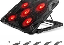 Pccooler Laptop Cooling Pad, Laptop Cooler with 5 Quiet Red LED Fans for 12-17.3 Inch Laptop, Dual USB 2.0 Ports, Portable 6 Angle Adjustable Laptop Stand for Gaming Laptop (PC-R5)