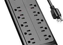 Power Strip, Alestor Surge Protector with 12 Outlets and 4 USB Ports, 6 Feet Extension Cord (1875W/15A), 2700 Joules, ETL Listed, Black
