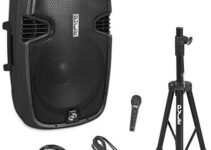 Pyle PPHP155ST Wireless Portable PA Speaker System – 1500W High Powered Bluetooth Compatible Active Outdoor Sound Speakers w/ USB SD MP3 RCA – 35mm Mount, Stand, Microphone, Power Cable, Black, 15″