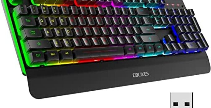 COLIKES CL315 Wireless Gaming Keyboard, Light Up LED Backlit, Rechargeable 50 Hours Battery Life & Sleep Mode & Indicators, Quiet, Ergonomic Metal Wrist Rest for PC Computer Gamer – 2.4G USB, Black