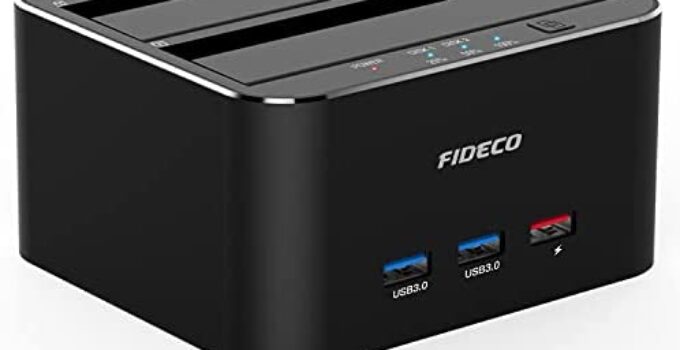 FIDECO USB 3.0 to SATA Dual Bay External Hard Drive Docking Station for 2.5/3.5 Inch HDD SSD with Hard Drive Duplicator/Offline Clone Function/2 USB 3.0 Ports/1 USB Fast Charge Port, Support 16TB