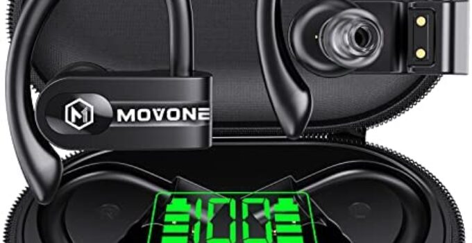 MOVONE Bluetooth Headphones Wireless Earbuds with Wireless Charging Case Digital LED Display 72hrs Playtime Deep Bass Sport Earphones with Over Earhooks Built in Mic Sweatproof in Ear Headset for Gym