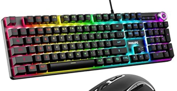 PHILIPS Wired Gaming Keyboard and Mouse Combo RGB Backlit, Mechanical Feel, 104 Keys with Fast Switches, Programmable Gaming Mouse Adjustable DPI for Windows PC Gamers