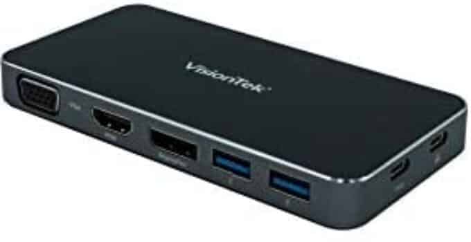 VisionTek VT200 USB C Portable Dock (901226) | Dual Display, USB 3.0, HDMI | DisplayPort, VGA, Power Delivery Passthrough | USB-C Laptop, Mac, PC Compatible, USB-C, w/ Power Passthrough