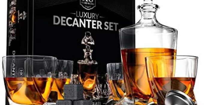 Whiskey Decanter Set for Men with 4 Glasses and 9 Cooling Whisky Stones, Funnel for Rum, Scotch, Bourbon, Liquor Crystal Clear Whiskey Decanter Sets Christmas Gifts for Men Dad Boyfriend Husband Him