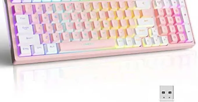 GK98 Wireless Gaming Keyboard,2.4G Rechargeable RGB Pink Gaming Keyboard,RGB Backlit Ergonomic 98 keys Dual Color Mechanical Feeling Keyboard for Office Windows PC Mac PC Xbox PS4 PS5 Gamer(PinkWhite)