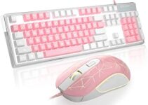 Gaming Keyboard and Mouse Combo, K1 7 Colors LED Backlit Keyboard with 104 Keys Computer PC Gaming Keyboard for PC/Laptop (White & Pink)
