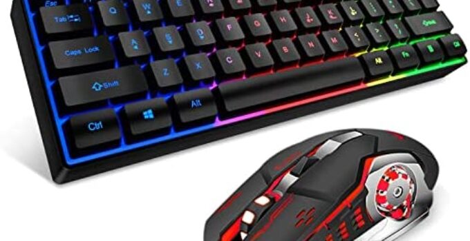 MFTEK 60% Gaming Keyboard and Mouse Combo, Ultra Compact 61 Keys TKL Design Gaming Keyboard with RGB Rainbow Backlit, Illuminated Gaming Mouse, USB Wired Keyboard Mouse Set for Laptop PC PS4 Gamer