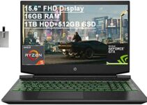 2021 HP Pavilion 15.6″ FHD Gaming Laptop Laptop Computer, AMD Ryzen 5-4600H, 16GB RAM, 1TB HDD+512GB SSD, Backlit Keyboard, B&O Audio, HD Webcam, GeForce GTX 1650, Win10, Black, 32GB USB Card