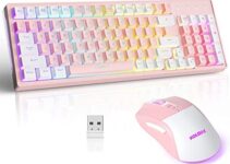 CK98 Wireless Gaming Keyboard and Mouse Combo,Rechargeable RGB Pink Gaming Keyboard RGB Backlit 98 Keys Mechanical Feeling Dual Color Keyboard and Gaming Mouse 3200DPI for PC Mac Gamers(PinkWhite)