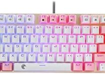 E-Yooso Z-88 RGB Mechanical Gaming Keyboard, Gold Color Metal Panel, Blue Switches – Clicky, 60% Compact 81 Keys Hot Swappable for Mac, PC, White and Pink