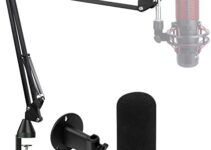 SUNMON Boom Arm for HyperX QuadCast with Pop Filter – Wall Mount Boom Arm and C Desk Clamp, Scissor Mic Stand Compatible with HyperX QuadCast S, Microphone Brazo with Foam Windscreen Cover