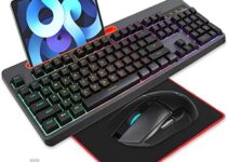 Wireless Gaming Keyboard and Mouse Combo, Rainbow Backlit Mechanical Feeling Rechargeable Full Size Anti-ghosting Keyboard with Tablet/Phone Bracket, Long Battery Life for PC Gamer