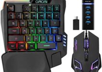 Gaming One Hand Keyboard Mouse USB Splitter USB C Adapter Combo with Wide Wrist-Rest RGB LED Backlit up to 7200DPI CPI Customize 4 Port Adapter Half Keypad Set for LOL/Wow/fortnite/Dota/PUBG