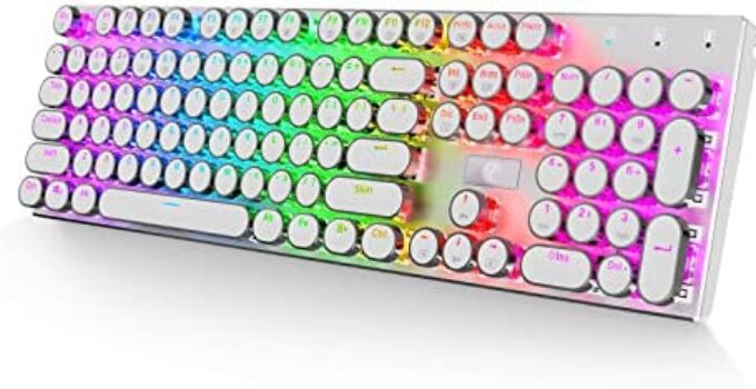 HUO JI E-Yooso Z-88 Wired Typewriter Style Mechanical Gaming Keyboard with Programmable RGB Backlit Clicky Blue Switches Retro Round Keycap, White