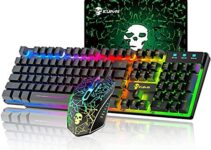 KUIYING Gaming Keyboard and Mouse Combo,RGB Rainbow Backlit Keyboard with PC Wired Keyboard+2400DPI 6 Buttons Rainbow LED Gaming Mouse+Mouse Pads for PC PS4 (Black), 20.9 x 6.1 x 2.1