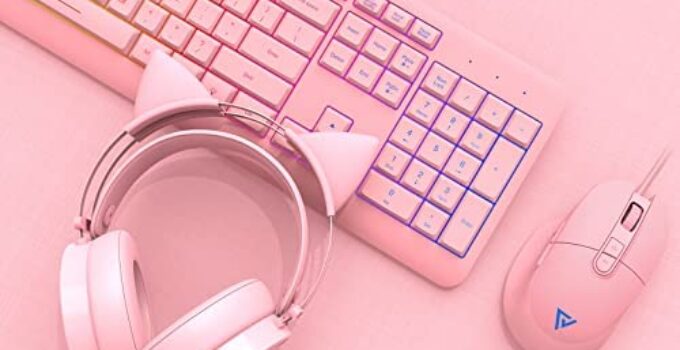 Pink Keyboard and Mouse Combo & Pink Gaming Headset & Large Gaming Mousepad, Adjustable DPI Gaming Mouse, Cat Ear Headphones with Mic, Backlit Pink Keyboard, 35x15in Mouse Pad, for Windows, PC, Laptop