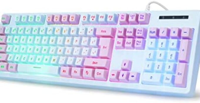 Gaming Keyboard USB Wired with Rainbow LED Backlit, Quiet Floating Keys, Mechanical Feeling, Spill Resistant, Ergonomic for Xbox, PS Series, Desktop, Computer, PC, Blue Purple