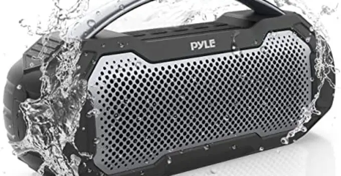 Pyle Portable Wireless Bluetooth Loud Streaming Speaker w/Deep Bass Hands-Free Microphone w/TWS Stereo Sound Function – IPX6 Waterproof Outdoor Speaker, 8H Playtime, AUX, BT Range 32+ ft – PCMPSB1BK