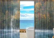 Splicing Pattern Autumn Forest Onsen Lake Semi Sheer Curtains Window Voile Drapes Panels Treatment-55X78in for Living Room Bedroom Kids Room