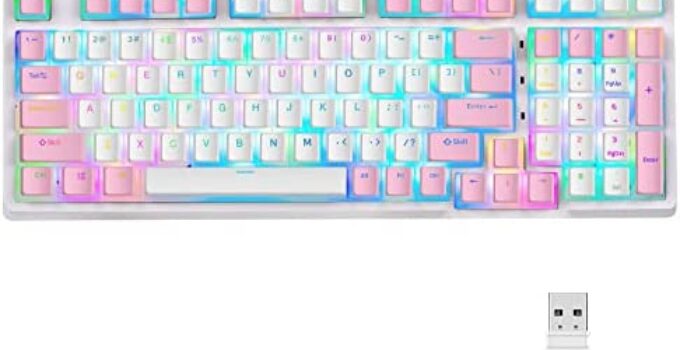 KOLMAX 98-Key RGB Hot-swappable Mechanical Gaming Keyboard, 2.4G Wireless/BT5.0/Wired with PBT Double-Shot Pudding Keycaps White-Pink Gaming Keyboard for Mac & Win Programmable Macro (Pink Switches)