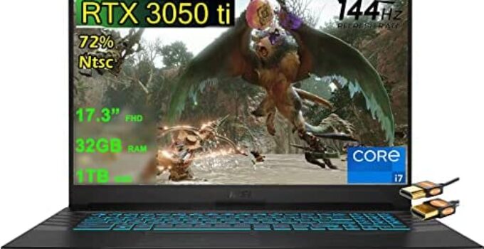 MSI Crosshair 17 Gaming Laptop 17.3” FHD IPS 144Hz (72% NTSC) 11th Generation Intel Octa-core i7-11800H 32GB RAM 1TB SSD GeForce RTX 3050 Ti 4GB USB-C Backlit Keyboard Win10 + HDMI Cable