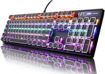 Typewriter Style Mechanical Gaming Keyboard, Black Retro Punk Gaming Keyboard with RGB Backlit, 104 Keys Blue Switch Wired Cute Keyboard, Unique Square Keycaps for Windows/Mac/PC