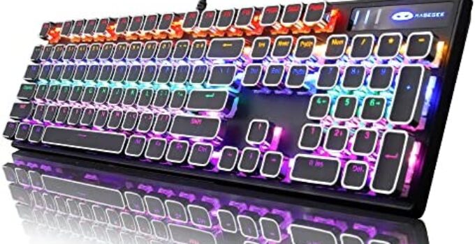 Typewriter Style Mechanical Gaming Keyboard, Black Retro Punk Gaming Keyboard with RGB Backlit, 104 Keys Blue Switch Wired Cute Keyboard, Unique Square Keycaps for Windows/Mac/PC