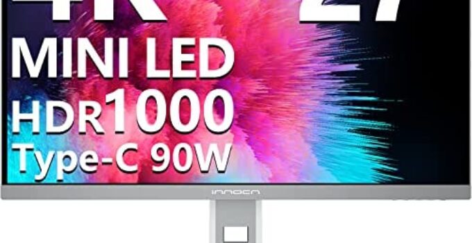INNOCN 27″ 4K HDR1000 Mini LED Computer Monitor, 99% DCI-P3 99% sRGB, 1.07B Colors, IPS, USB-C, HDMI 2.0, DP, Auto Brightness, Pivot Sensor, Swivel/Height Adjustable, Mountable – 27M2U