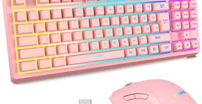 K04 Wireless Gaming Keyboard and Mouse Combo,2.4G Rechargeable Pink Gaming Keyboard RGB Backlit 87 Keys RGB Backlit Gaming Keyboard Mechanical Feeling with Pink Gaming Mouse Set for PC MAC Laptop