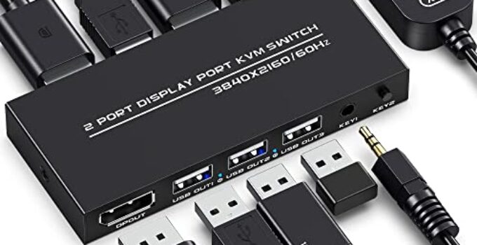 KVM Switch DisplayPort – 2 Port DP KVM Switch, Two Computers One Monitor Switch to Share Mouse,Keyboard,Printer, USB 2.0 Device and Ultra HD Monitor, Support 4K@60Hz, 2 DP and 2 USB Cable Included