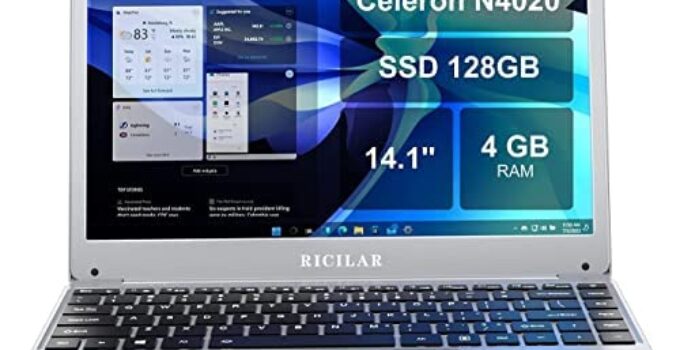 RICILAR Windows 10 Home Laptop, 14.1 Inch HD Display, Intel Celeron N4020, 4GB RAM, 128GB SSD, Backlit Keyboard, Type C, HDMI, Wi-Fi 5, Silver, School Laptop Computer for Students and Business