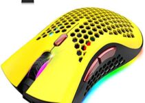 Wireless Lightweight Gaming Mouse Honeycomb with 7 Button Multi RGB Backlit Perforated Ergonomic Shell Optical Sensor Adjustable DPI Rechargeable 800 mAh Battery USB Receiver for PC Mac Gamer(Yellow)