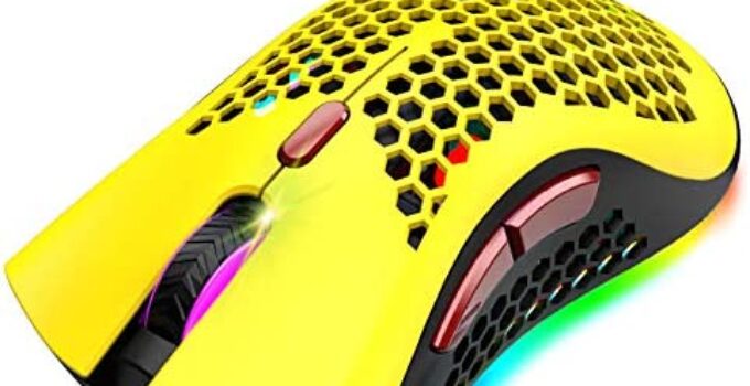 Wireless Lightweight Gaming Mouse Honeycomb with 7 Button Multi RGB Backlit Perforated Ergonomic Shell Optical Sensor Adjustable DPI Rechargeable 800 mAh Battery USB Receiver for PC Mac Gamer(Yellow)