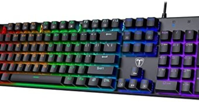 Mechanical Gaming Keyboard Full Size, YoChic LED Rainbow Backlit Ultra-Slim Wired with Blue Switches104 Keys, Full-Key Rollover, Ergonomic Water-Resistant Computer PC for Windows Mac, Black