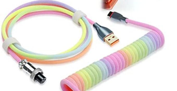 UCINNOVATE Coiled Keyboard Cable, Pro Custom Coiled USB C Cable for Gaming Keyboard, Double-Sleeved Mechanical Keyboard Cable with Detachable Metal Aviator, 1.8M USB-C to USB-A (Rainbow)