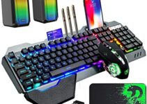 Wireless Gaming Keyboard Mouse and Wired Computer Speaker with Rainbow RGB Backlit Rechargeable Battery Metal Mechanical Ergonomic Waterproof Dustproof Removable Palm Rest for Laptop PC Gamer(Black)