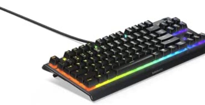 SteelSeries Apex 3 TKL RGB Gaming Keyboard – Tenkeyless Compact Form Factor – 8-Zone RGB Illumination – IP32 Water & Dust Resistant – Whisper Quiet Gaming Switch – Gaming Grade Anti-Ghosting (Renewed)