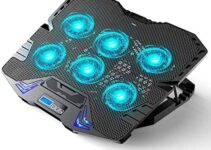 Gaming Laptop Cooling Pad, Adjustable Laptop Cooler Cooling Pad with 6 Quiet Blue LED Fans, Laptop Fan Cooling Pad for 15.6-17.3 Inch Laptop, Cooling Fan for Laptop with Dual USB Ports & 1 Cable