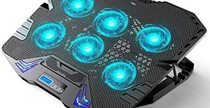 Gaming Laptop Cooling Pad, Adjustable Laptop Cooler Cooling Pad with 6 Quiet Blue LED Fans, Laptop Fan Cooling Pad for 15.6-17.3 Inch Laptop, Cooling Fan for Laptop with Dual USB Ports & 1 Cable