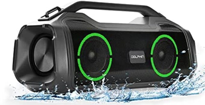 Dolphin LX80 Portable Wireless Speakers – Rechargeable Boombox Outdoor Speakers with Party Lights, DSP Tech, Dual 3.5″ Woofers – IPX5 Waterproof, Supports Bluetooth 5.0, MicroSD, 3.5 Aux Input – Black