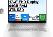 2022 HP Envy 17.3″ FHD Touchscreen Laptop, Intel Core i7-1165G7, 64GB RAM, 2TB SSD, Backlit Keyboard, Intel Iris Xe Graphics, Fingerprint Reader, Webcam, Windows 11 Pro, Silver, 32GB USB Card