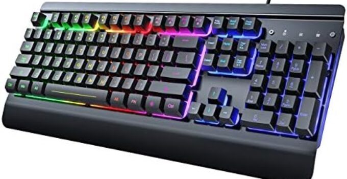 Dacoity Gaming Keyboard, 104 Keys All-Metal Panel, Rainbow LED Backlit Quiet Computer Keyboard, Wrist Rest, Multimedia Keys, Anti-ghosting Keys, Waterproof Light Up USB Wired Keyboard for PC Mac Xbox