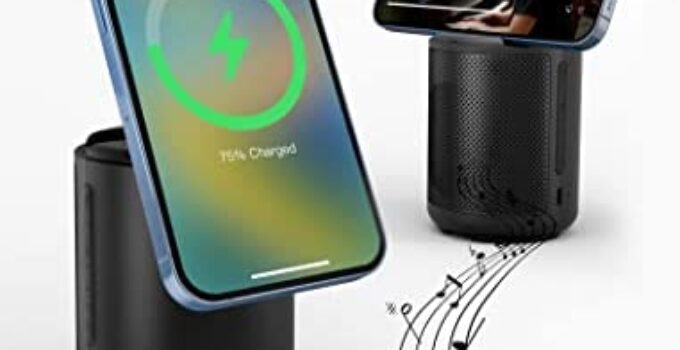 JSAUX Wireless Bluetooth Speaker with Magnetic Wireless Charger, Compatible with iPhone Mag-safe Charger, Gifts for Men, Women, Phone Stand with Speaker and HD Surround Sound for Home, Outdoor – Black